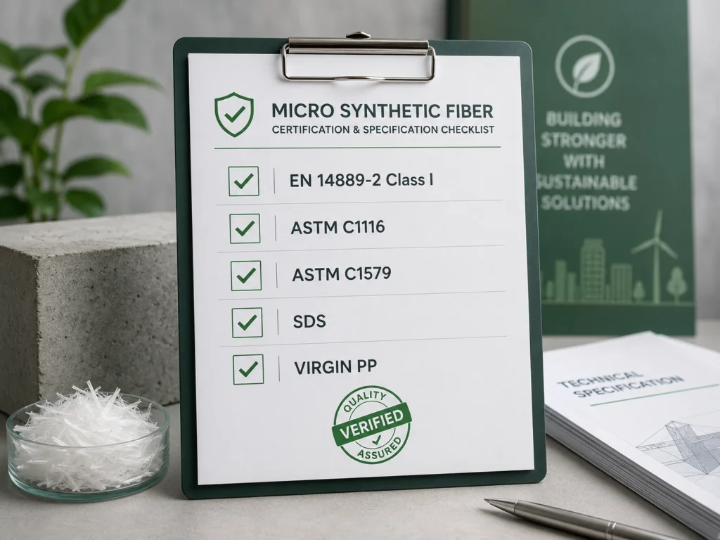Certification checklist for micro synthetic fiber including EN 14889-2 Class I and ASTM C1116