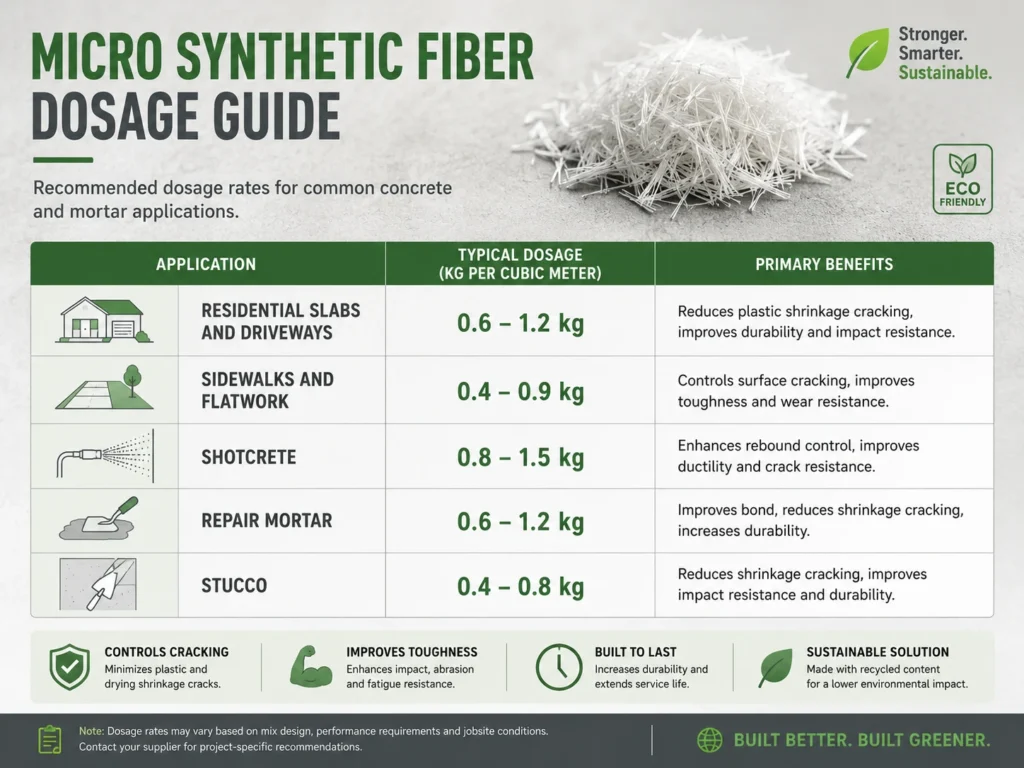 Micro synthetic fiber dosage guide for residential slabs, flatwork, shotcrete, stucco, and repair mortar