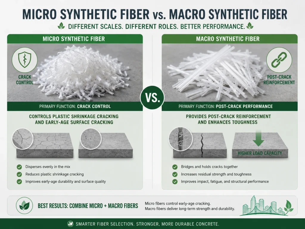 Micro synthetic fiber and macro synthetic fiber comparison for concrete reinforcement