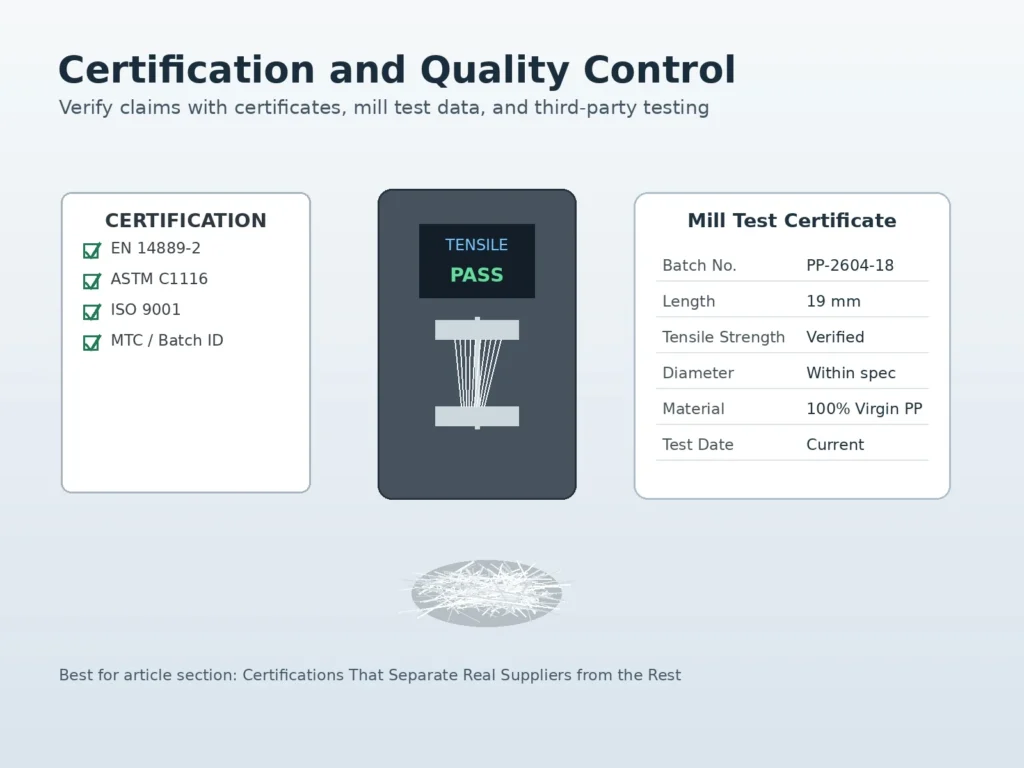 Polypropylene fiber certification, mill test certificate, tensile testing, and quality control process