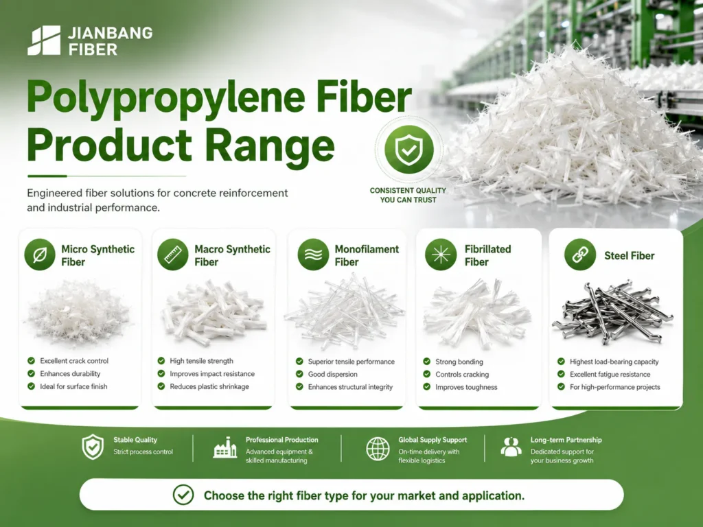 Polypropylene fiber product range including micro fiber, macro fiber, monofilament, and fibrillated fiber