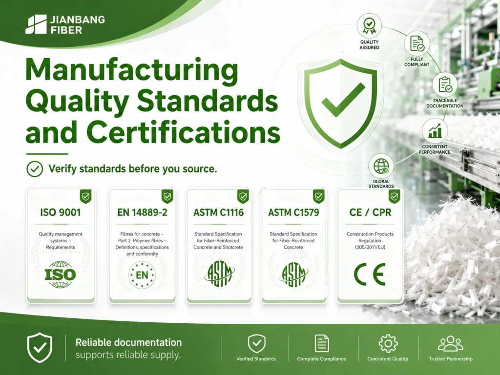 Certification checklist for polypropylene fiber manufacturers including ISO 9001, EN 14889-2, ASTM C1116, and CE marking