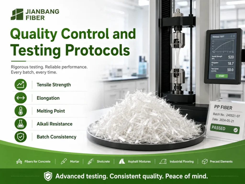 Quality testing for polypropylene fiber including tensile strength, elongation, melting point, and alkali resistance
