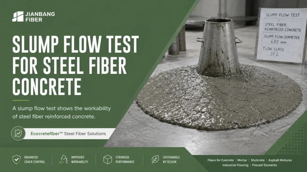 A slump flow test shows the workability of steel fiber reinforced concrete.