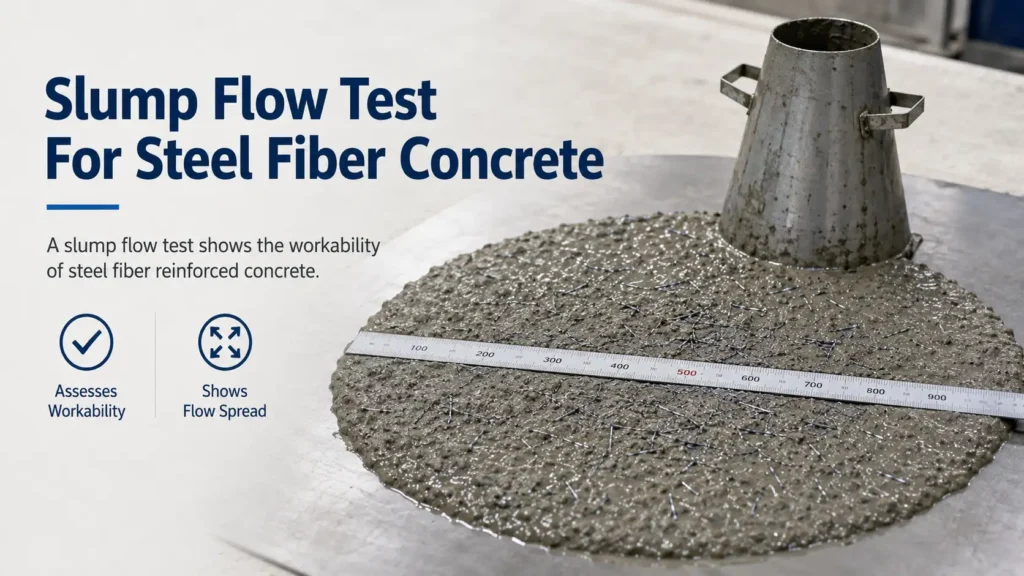 A slump flow test shows the workability of steel fiber reinforced concrete.