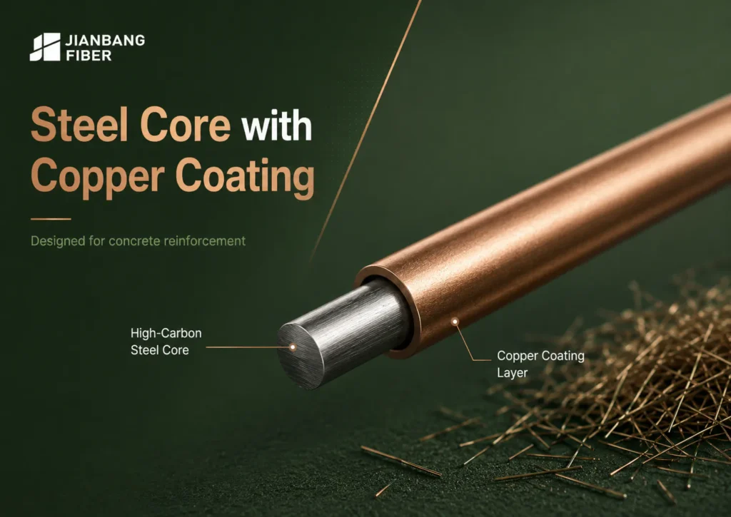 Steel core fiber with a thin copper coating for concrete reinforcement