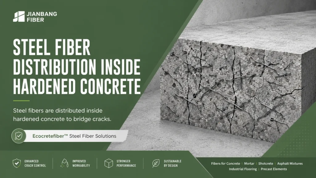 Steel fibers are distributed inside hardened concrete to bridge cracks.