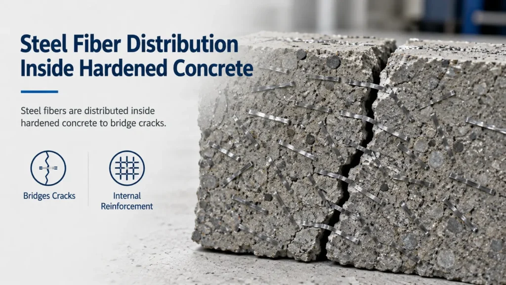 Steel fibers are distributed inside hardened concrete to bridge cracks.