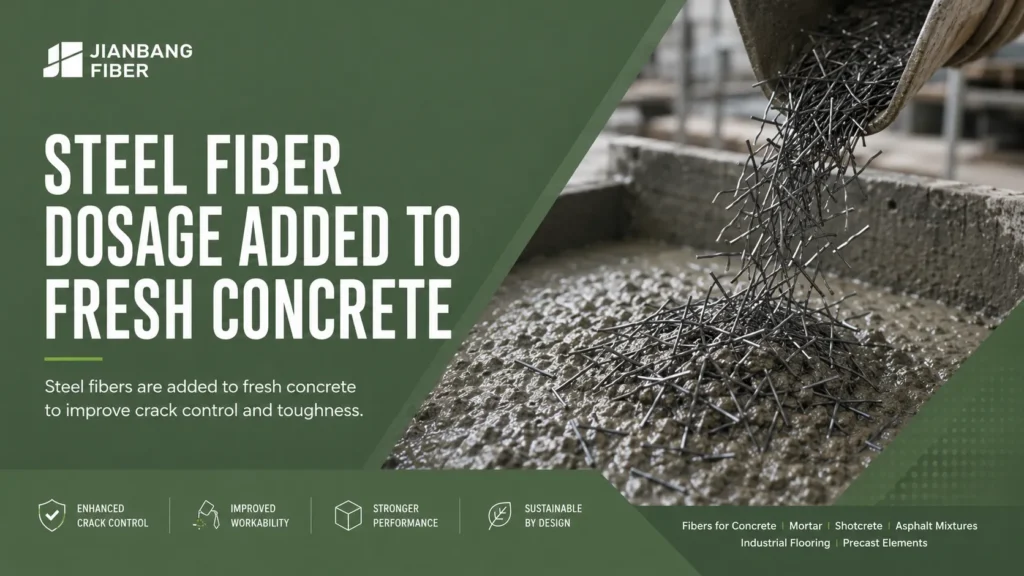 Steel fibers are added to fresh concrete to improve crack control and toughness.
