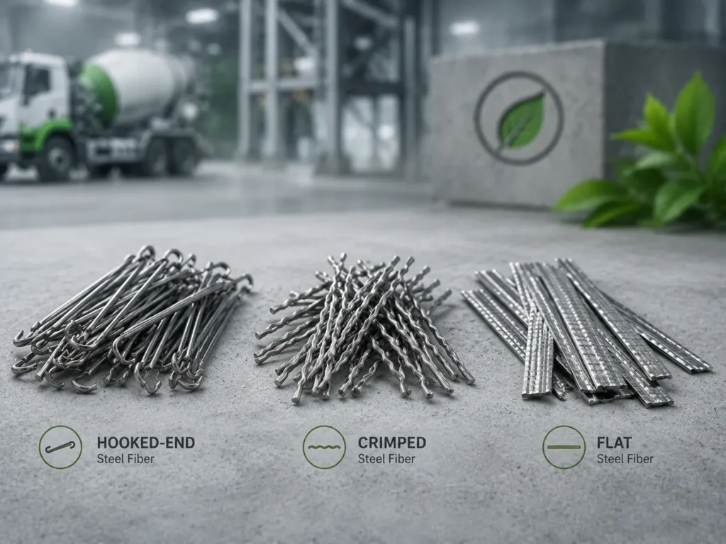 Hooked-end, crimped, and flat steel fibers for concrete reinforcement