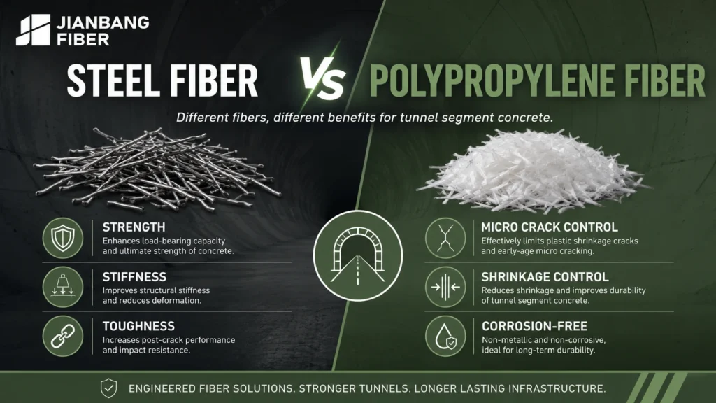 Steel fiber and polypropylene fiber provide different benefits in tunnel segment concrete.