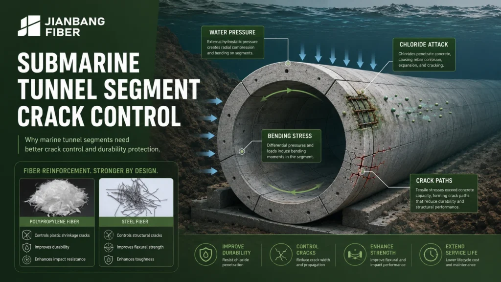 Submarine tunnel segments need crack control against water pressure, chloride attack, and bending stress.
