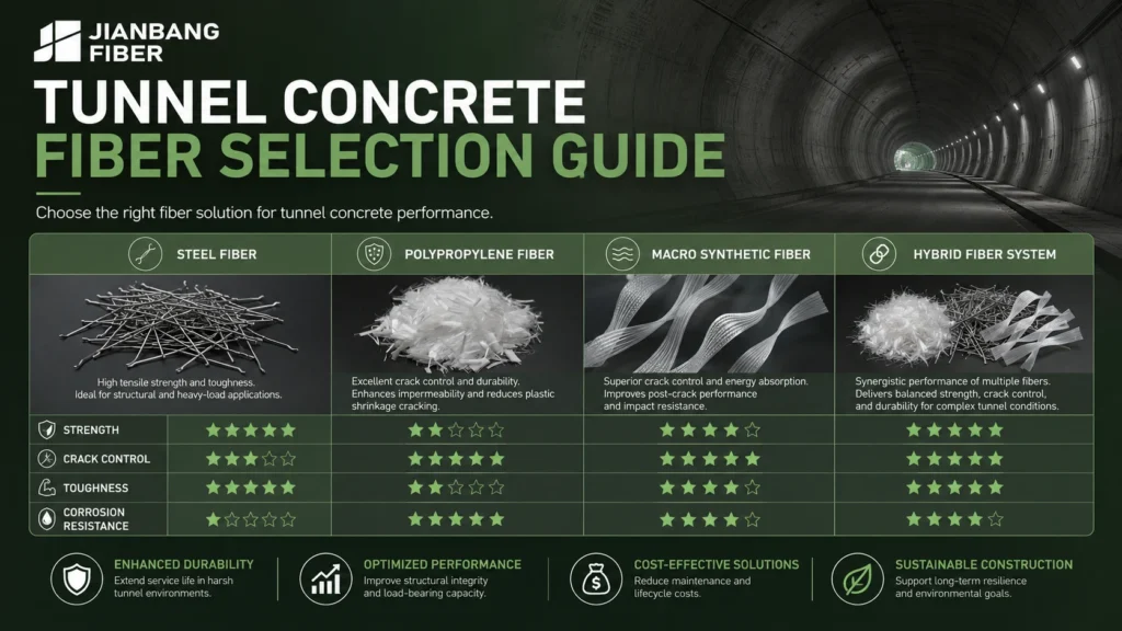 Fiber selection guide for tunnel concrete based on strength, crack control, toughness, and corrosion resistance.