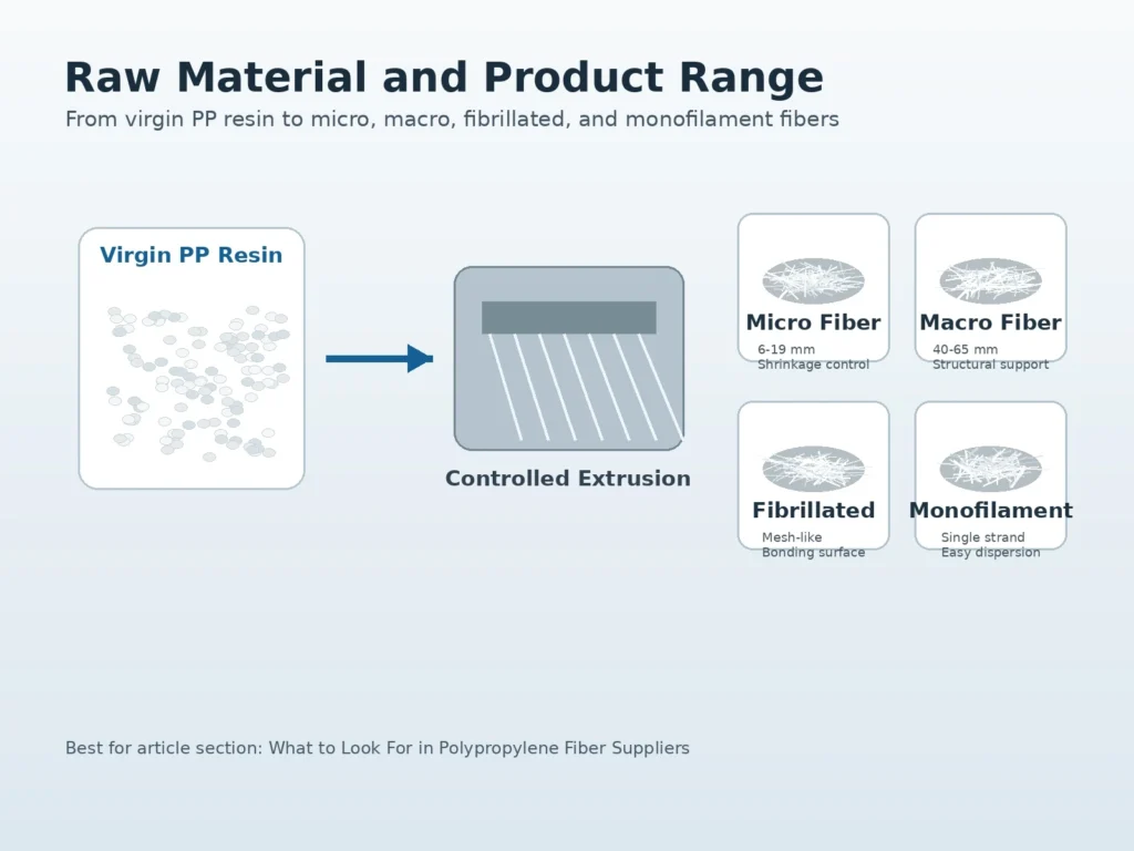 Virgin PP resin processed into micro fiber, macro fiber, fibrillated fiber, and monofilament fiber