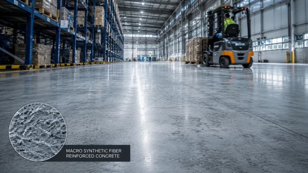 Macro synthetic fiber reinforced concrete used in warehouse floor slabs