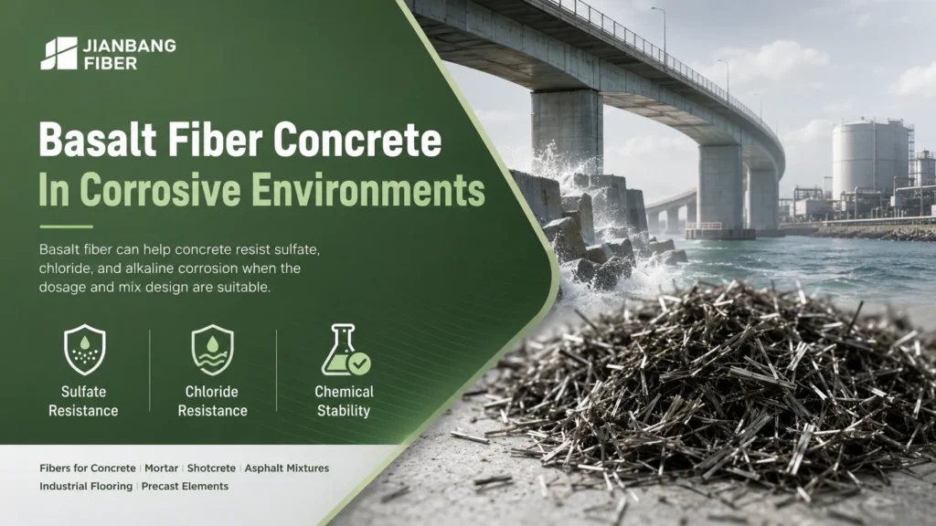 Basalt fiber concrete is used in corrosive environments to improve resistance against sulfate and chloride attack.