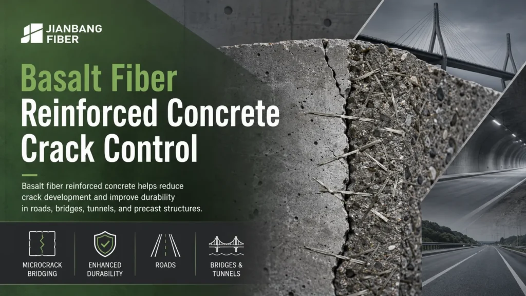Basalt fibers are mixed into concrete to bridge microcracks and improve durability.