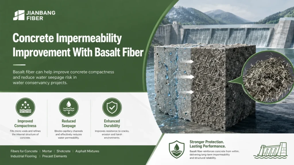 Basalt fibers help improve concrete density and reduce seepage pathways in hydraulic concrete.