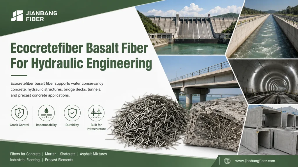 Ecocretefiber supplies basalt fiber for hydraulic engineering, concrete crack control, and infrastructure durability.