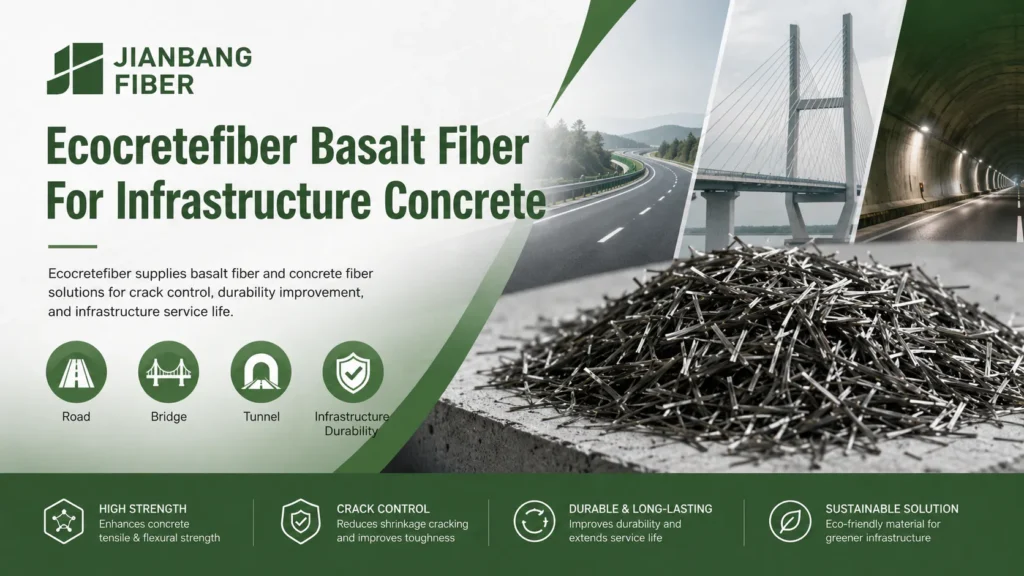 Ecocretefiber basalt fibers are used for road, bridge, tunnel, and infrastructure concrete durability.