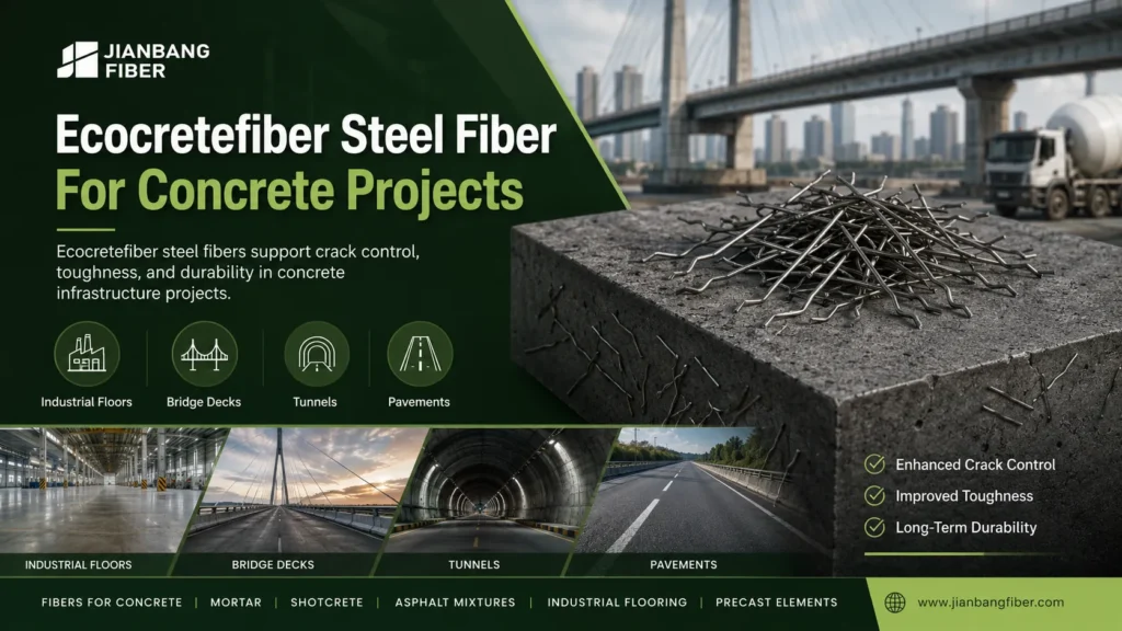 A Ecocretefiber fornece soluções com fibras de aço para pisos industriais, tabuleiros de pontes, túneis, pavimentos e concreto pré-moldado.
