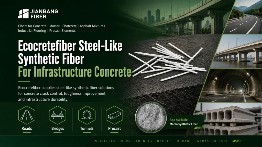 Ecocretefiber steel-like synthetic fibers are used in road, bridge, tunnel, and precast concrete applications.