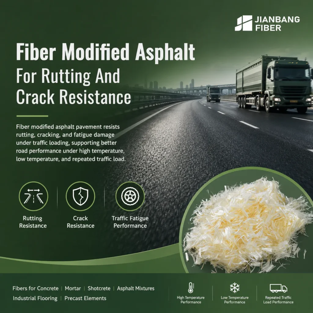 Fiber modified asphalt pavement resists rutting, cracking, and fatigue damage under traffic loading.