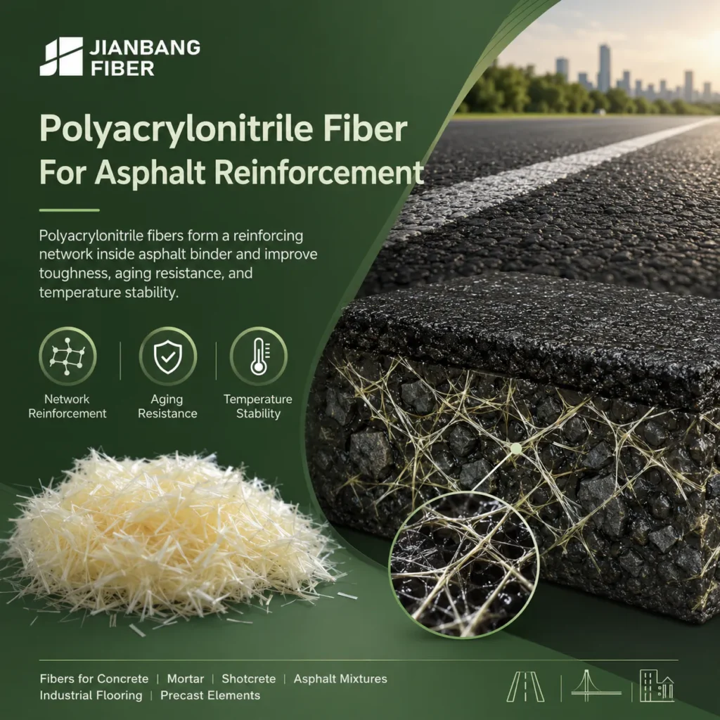 Polyacrylonitrile fibers form a reinforcing network inside asphalt binder.