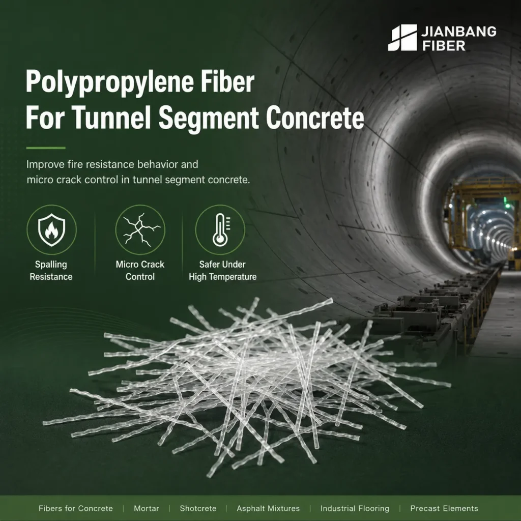 Polypropylene fibers are used in tunnel segment concrete to support high temperature spalling resistance and micro crack control.