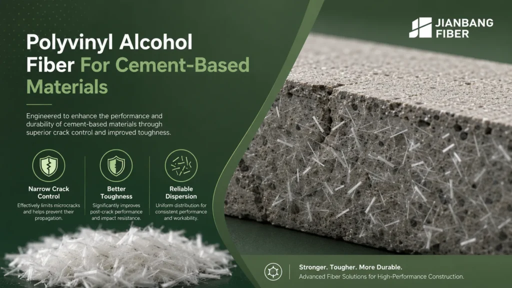 Polyvinyl alcohol fibers are dispersed in a cement-based matrix for improved crack resistance.