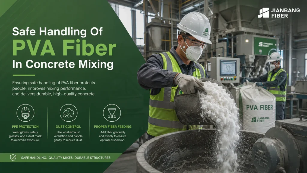 Workers handle PVA fiber with gloves, mask, and eye protection during concrete mixing.