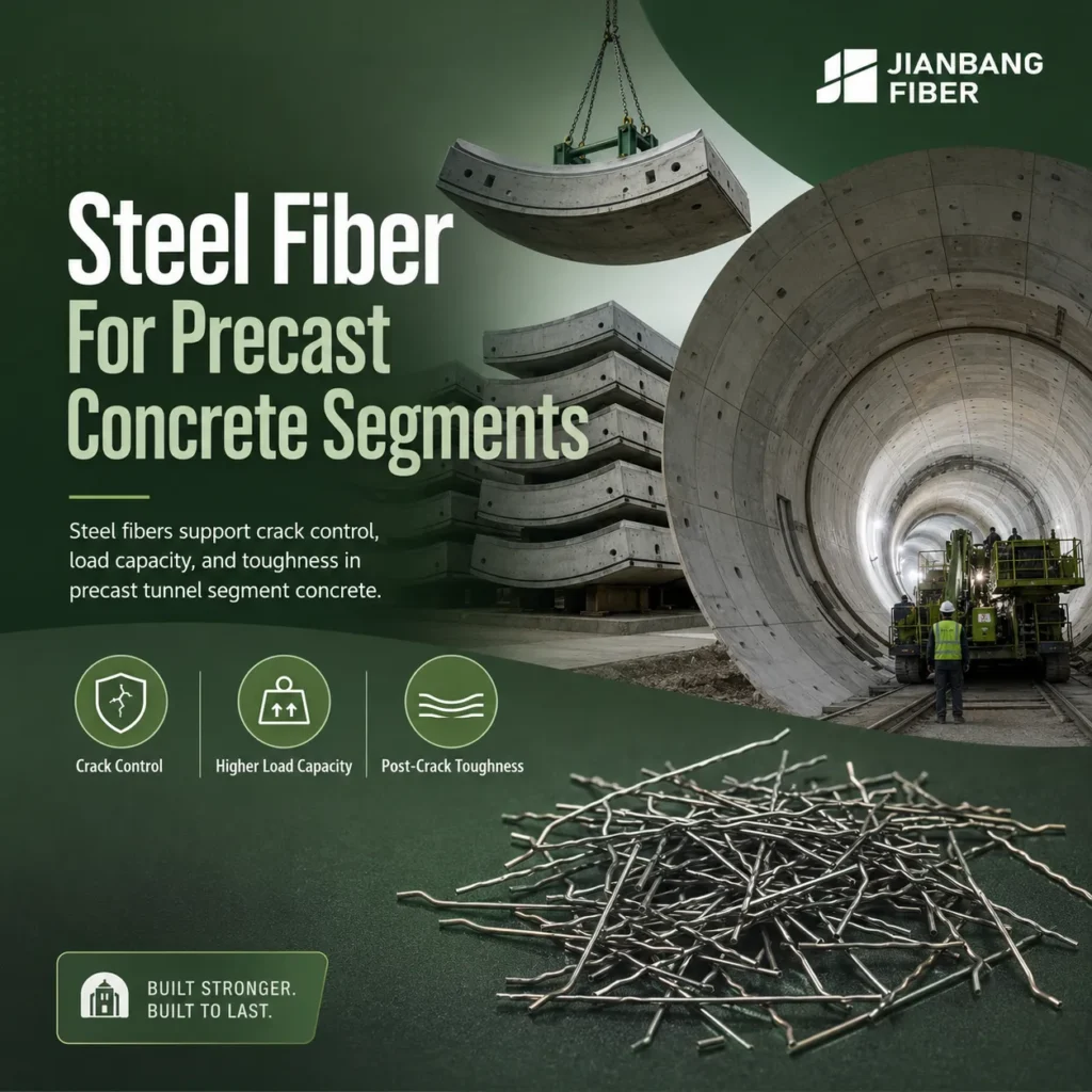 Steel fibers are added to precast concrete segments to improve strength and post-crack performance.