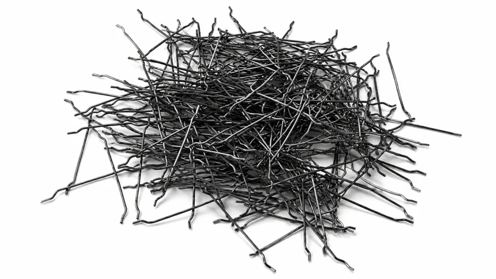 Fibra de aço cortada, fabricada a partir de fio de aço trefilado a frio, para controle de fissuras e aumento da tenacidade do concreto.