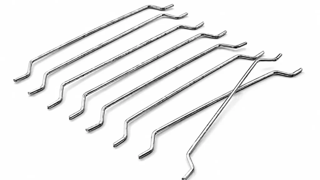 As âncoras de fibra de aço com extremidade em gancho fixam-se no concreto para melhorar a resistência à arrancada e o controle de fissuras.