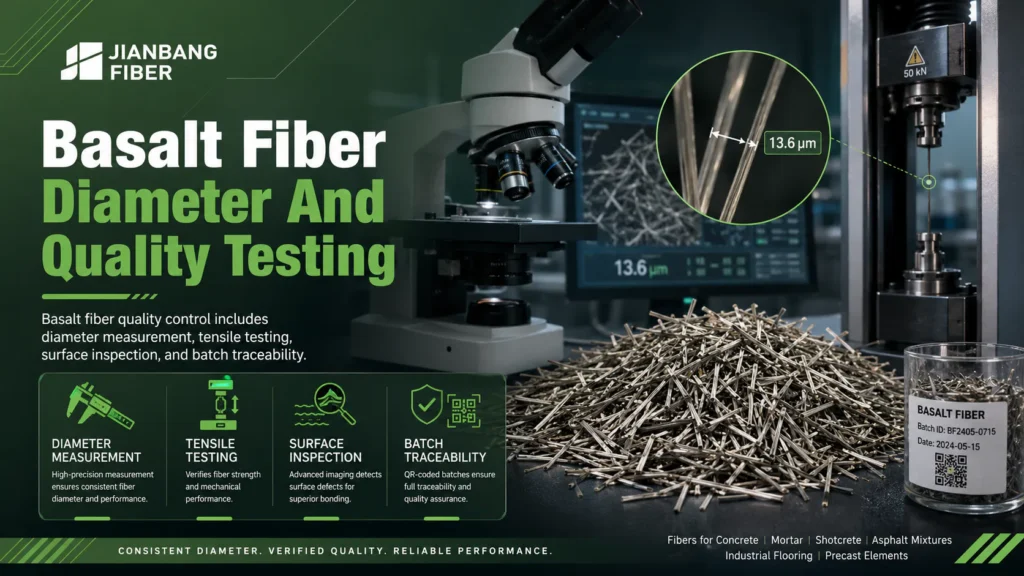 Basalt fiber diameter and tensile performance are tested for quality control.