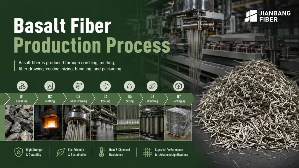 Basalt rock is melted, drawn through spinnerets, cooled, sized, and packaged into basalt fiber.