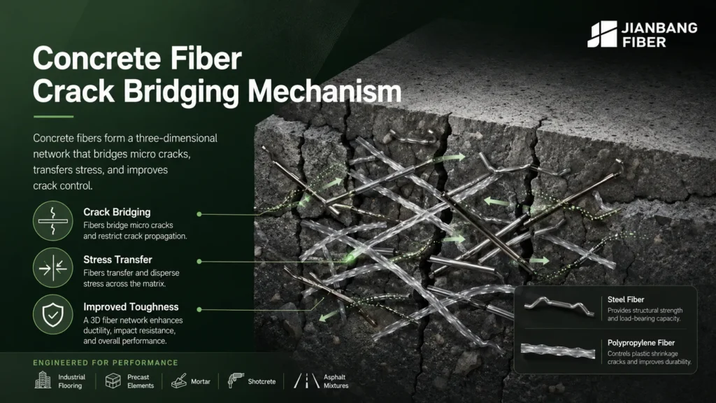 Concrete fibers bridge micro cracks inside concrete and slow crack development.