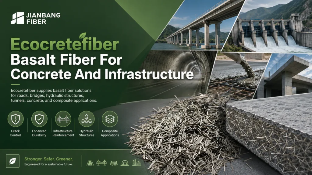 Ecocretefiber basalt fiber is used for concrete crack control, durability, and infrastructure reinforcement.
