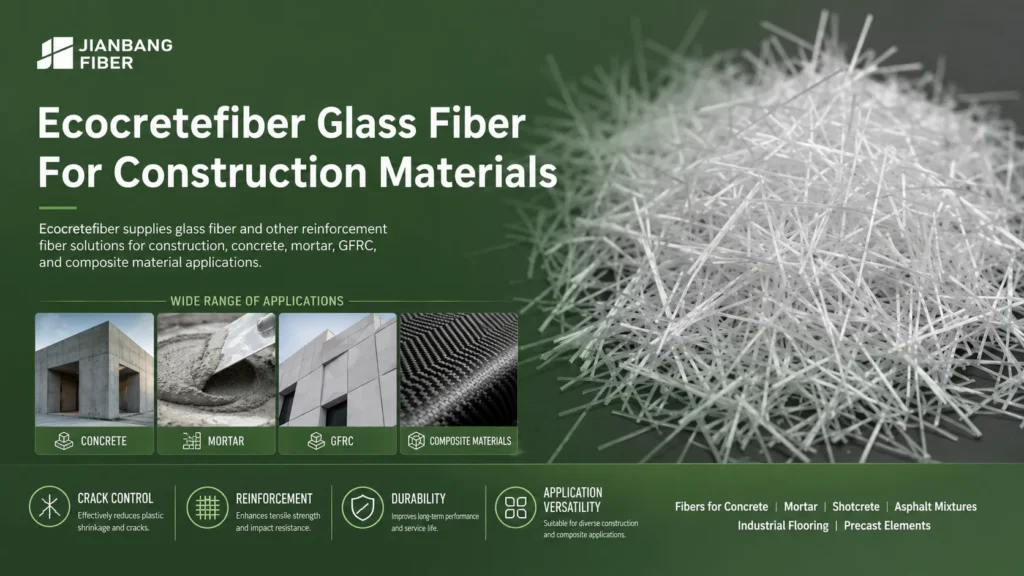 Ecocretefiber glass fiber supports construction material reinforcement, crack control, and composite applications.