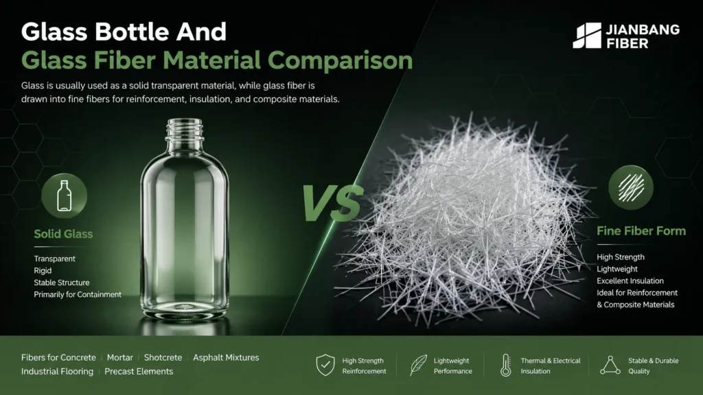 A glass bottle and glass fiber strands show the difference between solid glass and fiber glass material.