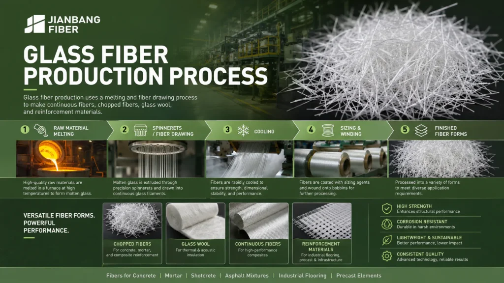 Glass fiber is produced by melting raw materials, drawing fibers through spinnerets, cooling, and winding.
