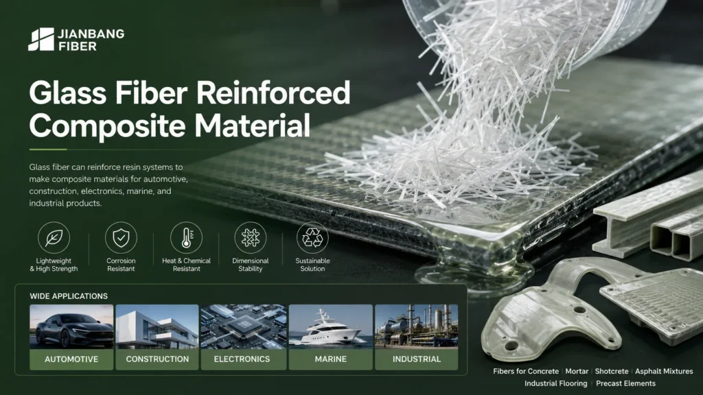 Glass fibers are combined with resin to make strong and lightweight composite materials.