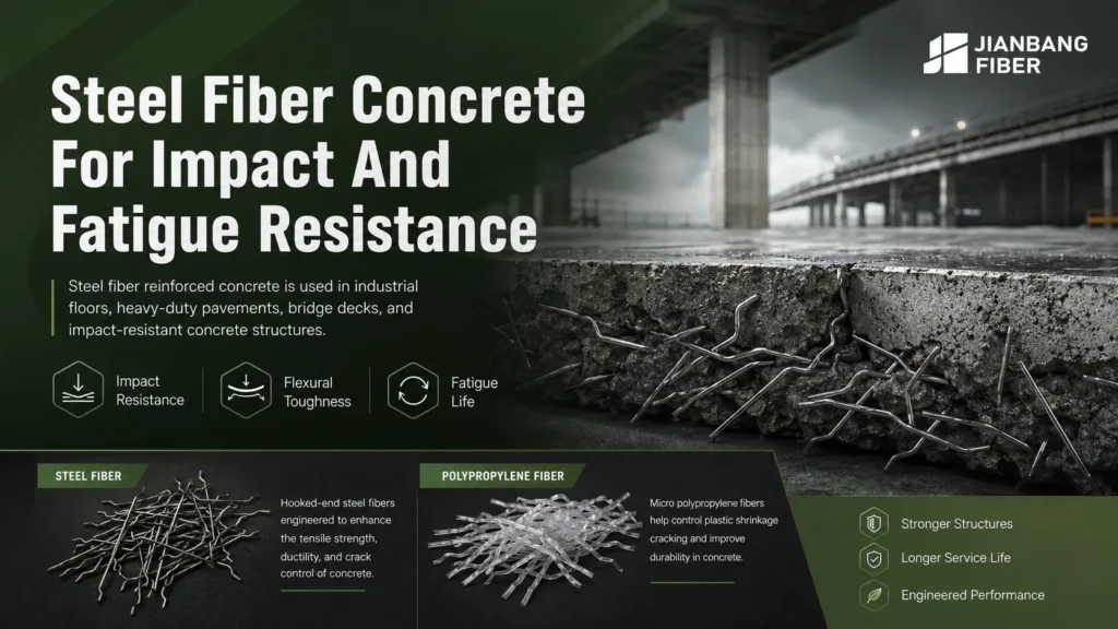 Steel fibers improve concrete tensile strength, flexural toughness, impact resistance, and fatigue life.