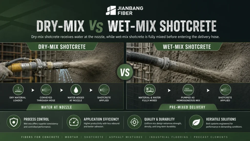 Dry-mix and wet-mix shotcrete systems use different material delivery and water addition methods.