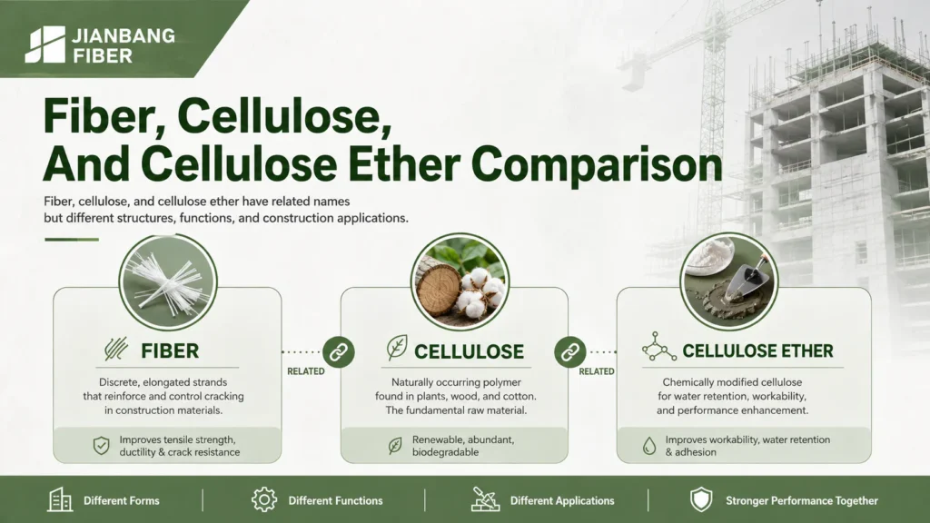 A fibra de concreto, a celulose natural e o pó de éter de celulose são comparados lado a lado.