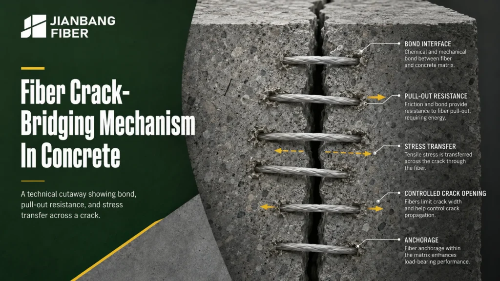 Fibers crossing a concrete crack and transferring stress between the cracked faces
