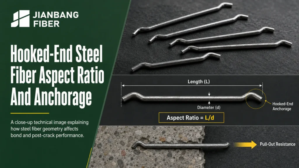 Hooked-end steel fibers with length, diameter, aspect ratio, and end anchorage labels