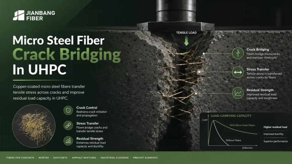 Micro steel fibers bridge cracks inside ultra-high-performance concrete.