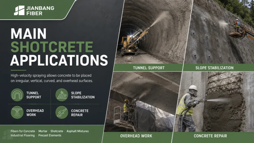 Shotcrete is used for tunnel support, slope stabilization, overhead work, and concrete repair.