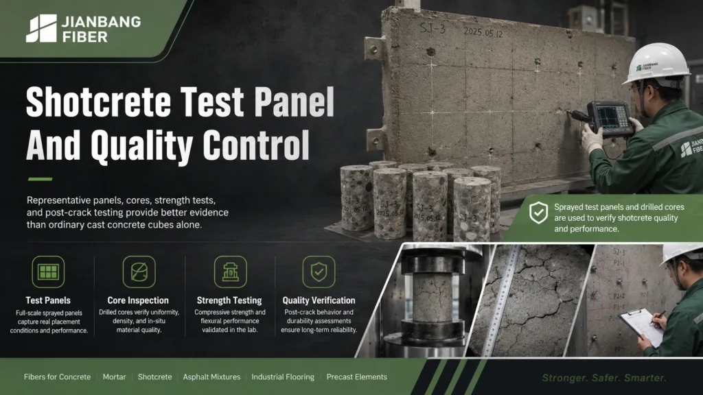 Sprayed test panels and drilled cores are inspected to verify shotcrete quality and performance.